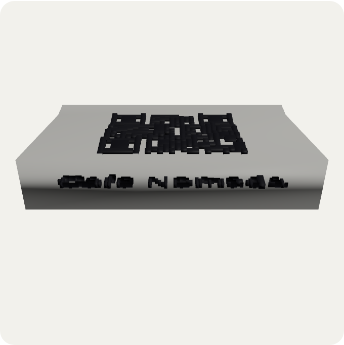 Vista previa digital de un soporte de mesa con QR y el nombre de un negocio en relieve